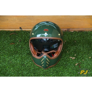 P&J 松山店 免運費優惠中 EVO 內墨鏡 山車帽 系列 咖啡皮革邊 復古 老味 全罩 山車 安全帽 復古綠
