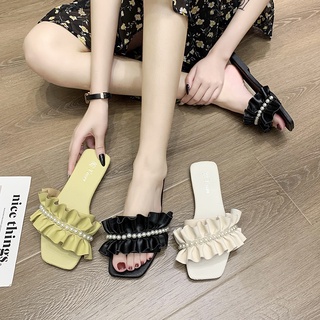「Chicwalks女鞋店」 平底拖鞋女 夏季新款涼鞋 涼拖鞋 防滑女鞋 韓版氣質一字拖 仙女風珍珠涼鞋 休閒軟底舒適