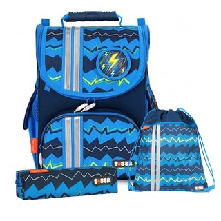 【Tiger Family】經典小貴族超輕量護脊書包-藍色條紋(含束口袋+鉛筆盒) 適合1-2年級學童