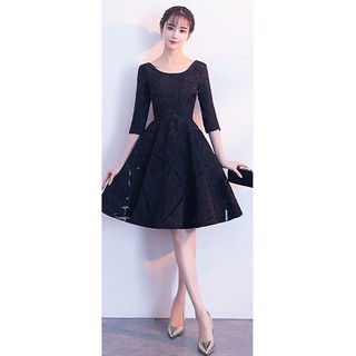 宴會晚禮服女2018新款時尚黑色短款中袖連衣裙公司年會小禮服顯瘦 X0524
