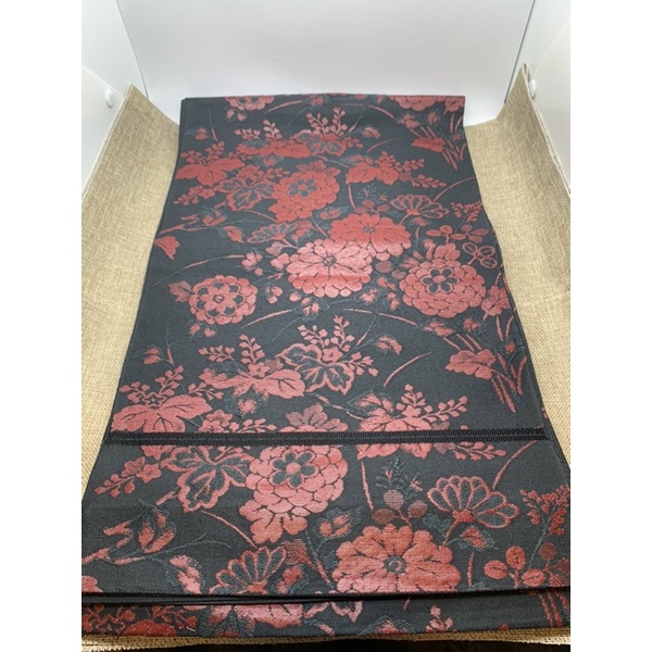 日本 高級 京都手織 《西陣織》 石黑底 赭紅滿菊葉藤紋 和服腰帶
