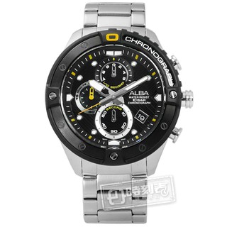 ALBA / VD57-X071D.AM3323X1 / 礦石強化玻璃三眼計時日期防水不鏽鋼手錶 黑色 46mm