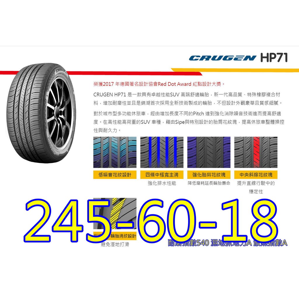 桃園 小李輪胎 錦湖 KUMHO HP71 245-60-18 SUV 靜音 舒適 高品質 全系列 規格 特價 歡迎詢價