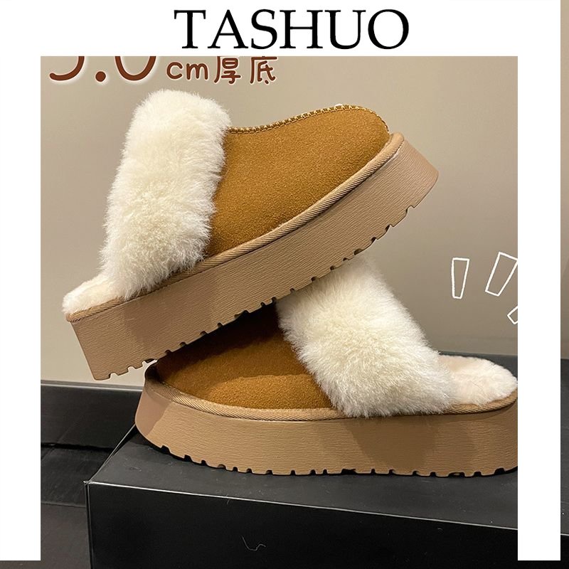 TASHUO 毛毛拖鞋女外穿2022新款皮毛一件式厚底雪地靴包頭防滑平底半拖棉鞋