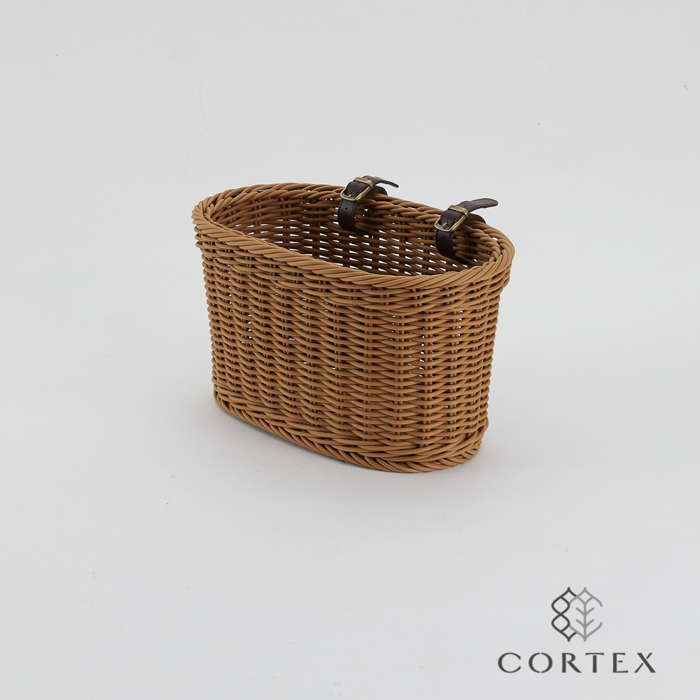 CORTEX 自行車籃 仿籐籃 腳踏車籃 附一組皮扣 大型 卡其色