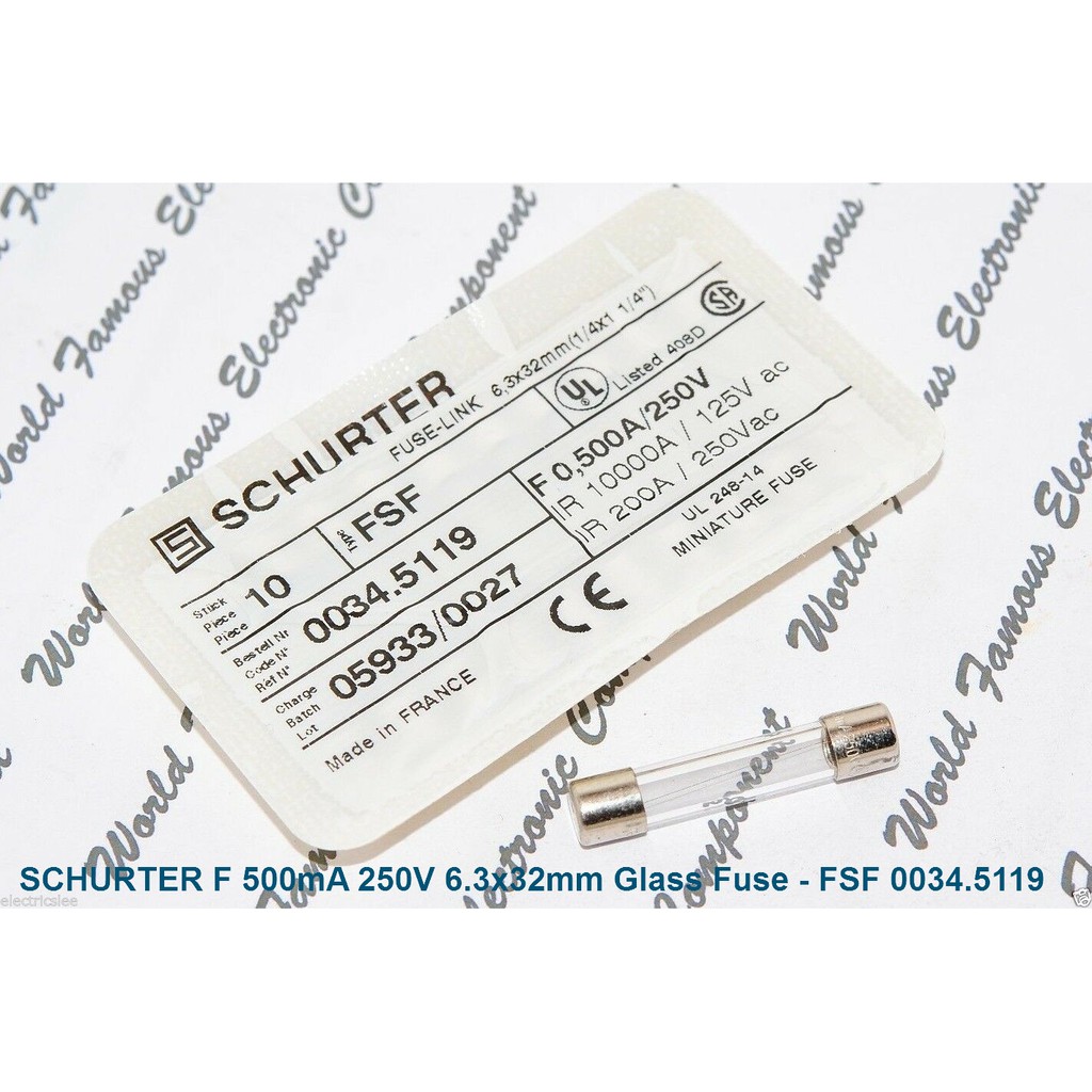 1個- 瑞士 SCHURTER FSF 500mA 0.5A 250V (F快熔) 6.3x32mm 玻璃 保險絲