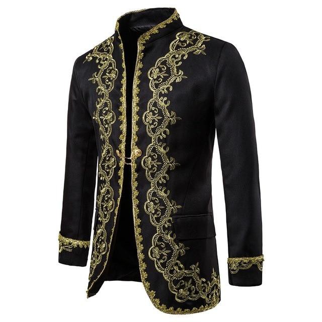 Style Palace Prince 哥特式夾克時尚黑色天鵝絨金色刺繡朋克外套婚禮新郎修身西裝外套