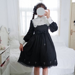 預購lolita 蘿莉塔修女暗黑十字架刺繡撞色長袖連身裙 軟妹 設計感 無名詩 洋裝 裙子 萬聖節 聖誕節