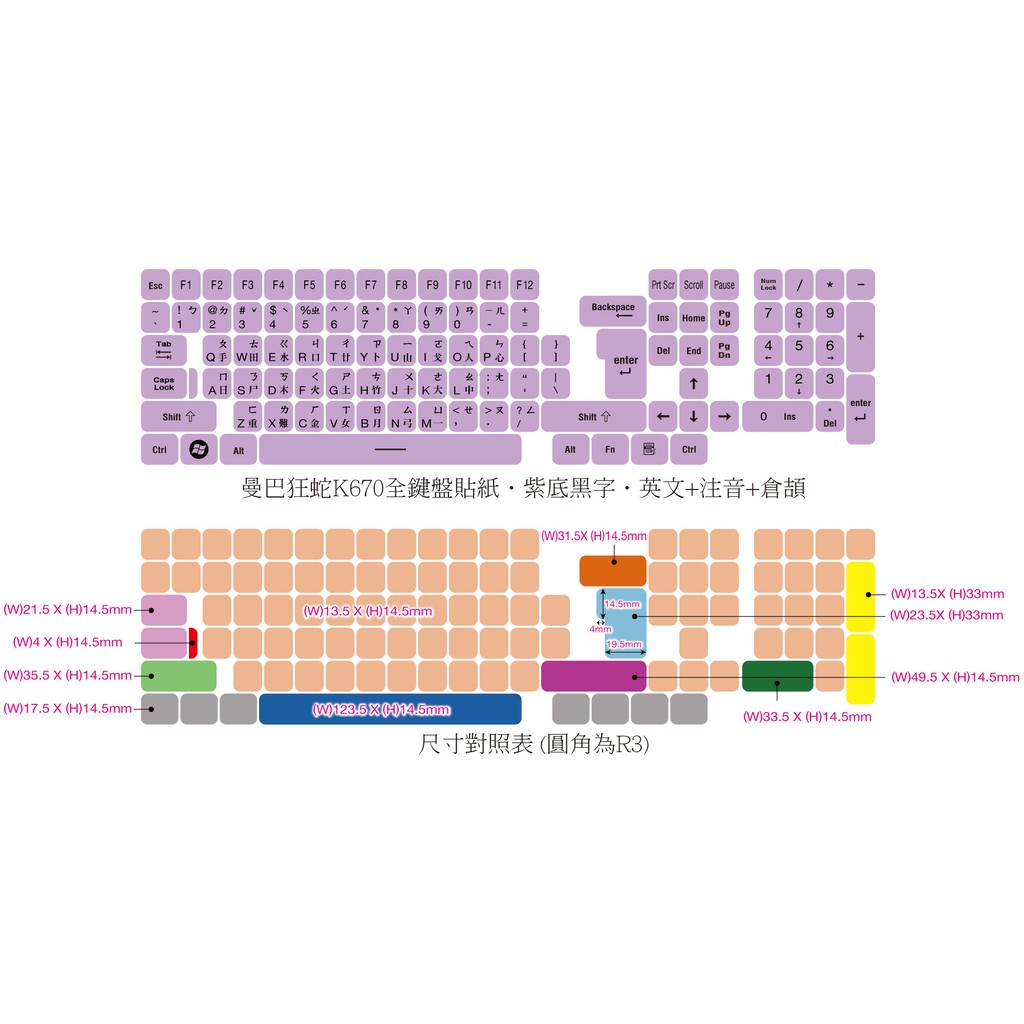 ◎【綠光艸堂】訂製鍵盤貼紙．採客製化‧Macbook‧紫底黑字‧曼巴狂蛇K670全鍵盤‧英文+注音+倉頡