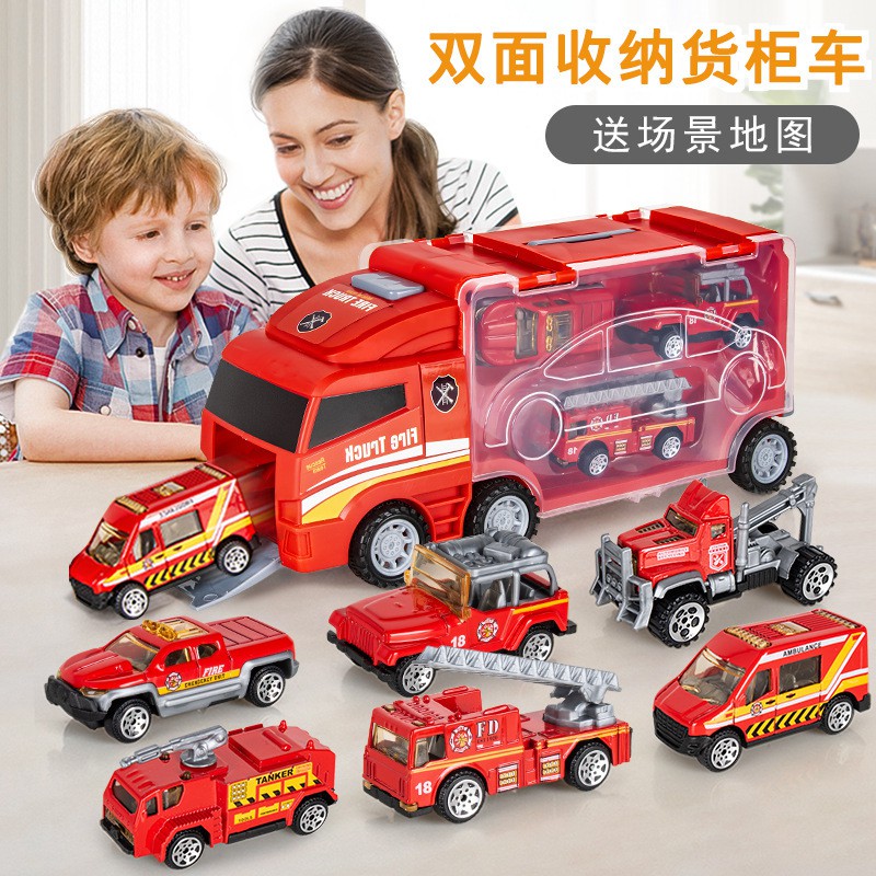 兒童男孩玩具車貨柜車慣性彈射車收納手提玩具手提收納汽車附6臺小車 蝦皮購物