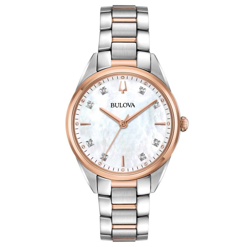 BULOVA 寶路華 光澤白色珍珠貝面玫瑰金框素面晶鑽女錶 32.5mm 98P183 台灣原廠公司貨 保固2年