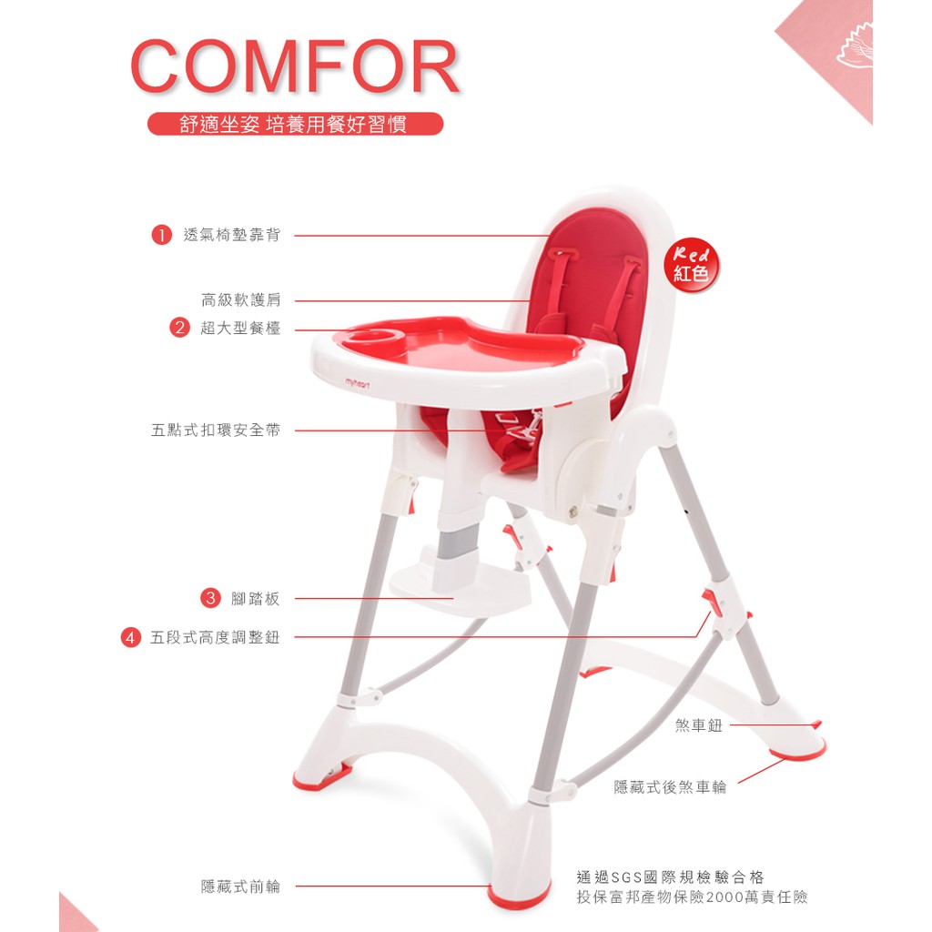 【myheart】 折疊式兒童安全餐椅 - 卡通紅(二手9成新)