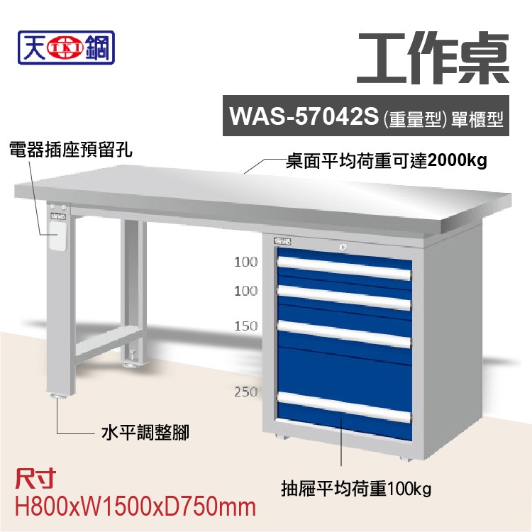 天鋼 WAS-57042S 多功能工作桌 可加購掛板與標準型工具櫃 電腦桌 辦公桌 工業桌 工作台 耐重桌 實驗桌