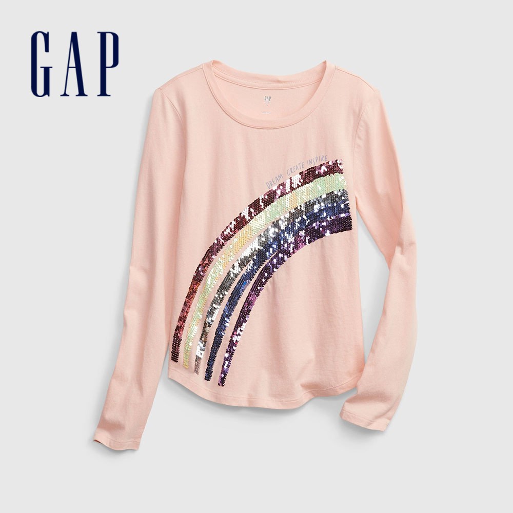 Gap 女童裝 可撥動亮片獨角獸長袖T恤-淡粉色(650390)