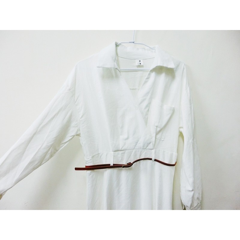 簡約V領棉麻襯衫式白色長洋裝 附腰帶 韓版 仙氣 小中大尺碼SML小XL可穿 可搭背心馬甲