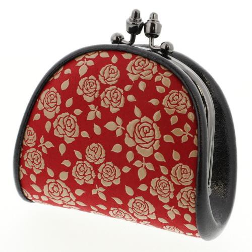 日本製 印傳屋 鹿皮 雙珠扣式零錢包 手拿包 扣式錢包-紅/白玫瑰