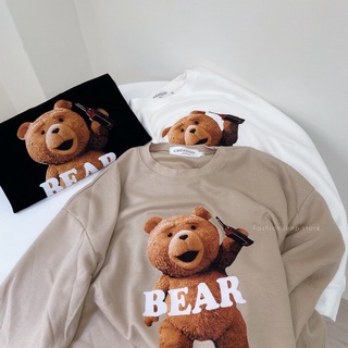 【FJstore】現貨 韓系 BEAR 啤酒 beer 熊熊 大學T 長袖 大學踢 上衣 女生長袖 男生長袖 落肩