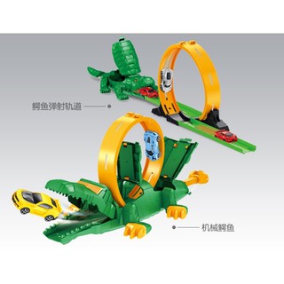WU玩玩🎀台灣現貨 機械彈射鱷魚 大號 鱷魚彈射玩具車 旋轉軌道發射器 兒童模型玩具 軌道車 模型車