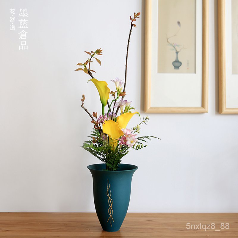 [優品藝術｜花藝手作]花瓶花盆池坊花器 手工陶瓷磨砂綠色黑色 生花立花自由花花道茶室