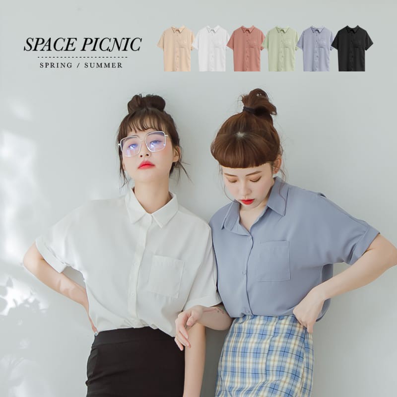 [明天出貨] Space Picnic｜素面反摺短袖單口袋襯衫(現貨)【C20053046】
