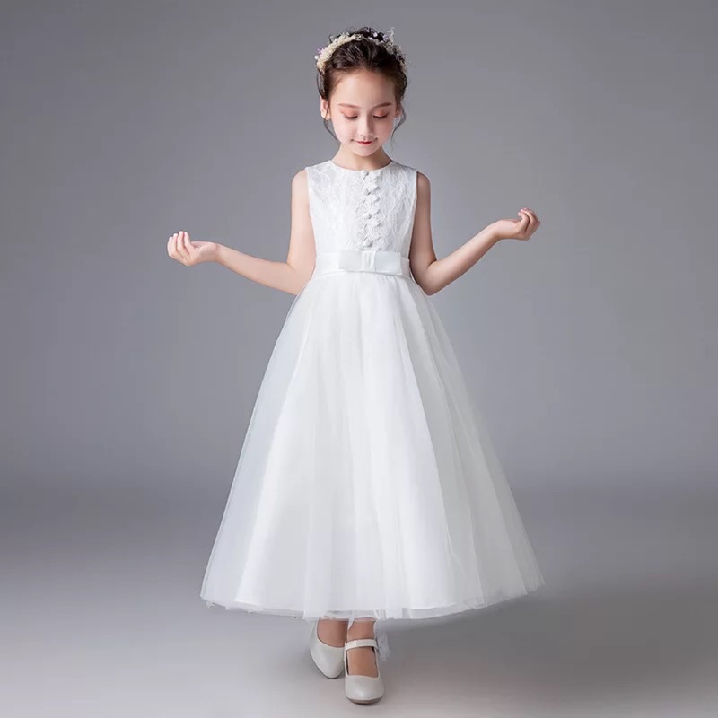 韓版女童白色長禮服 蓬蓬裙 公主裙 畢業季演出服 鋼琴演奏 花童 短袖禮服 洋裝紗裙