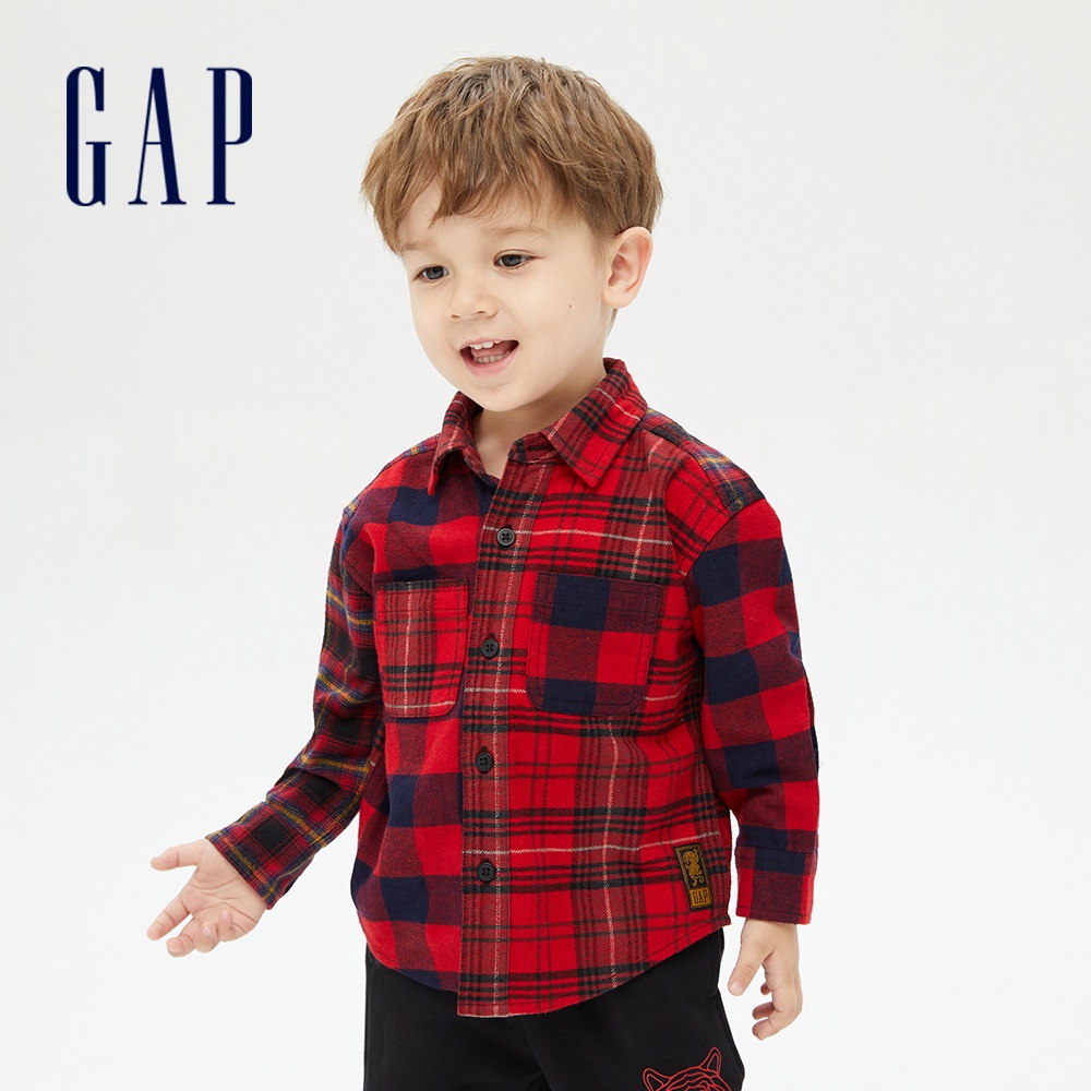 Gap 男幼童裝 法蘭絨格紋長袖襯衫-紅色格子(762978)