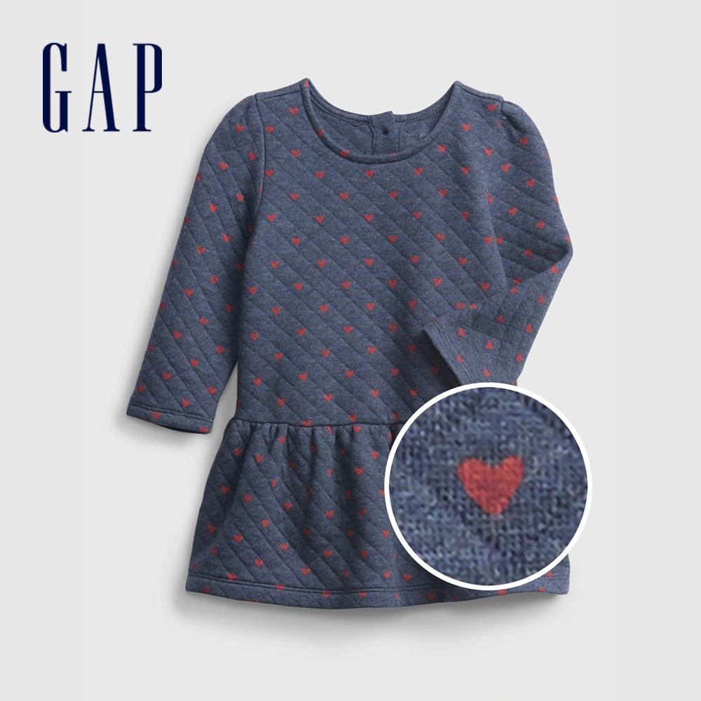 Gap 嬰兒裝 舒適愛心印花長袖洋裝含尿布套-深藍色(650120)