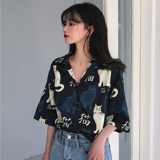 蔓莎💞 夏季2025新款韓版印花貓咪寬松短袖上衣襯衣ins超火復古花襯衫女 女生襯衫