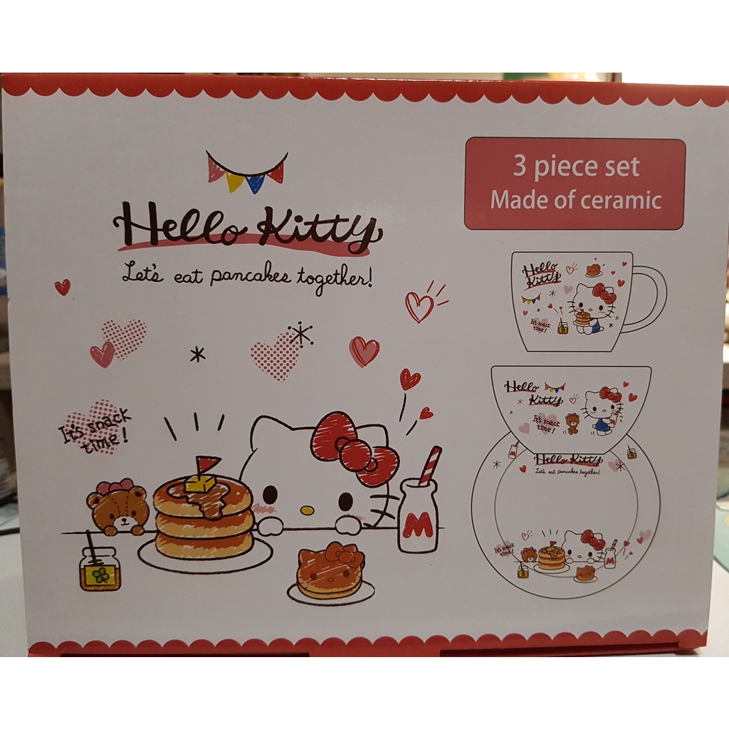 🌸全新未使用免運現貨 三麗鷗三件陶瓷餐具組 Hello Kitty款🌸一起來吃鬆餅吧～內含盤子、碗、杯子🌸不拆售哦！