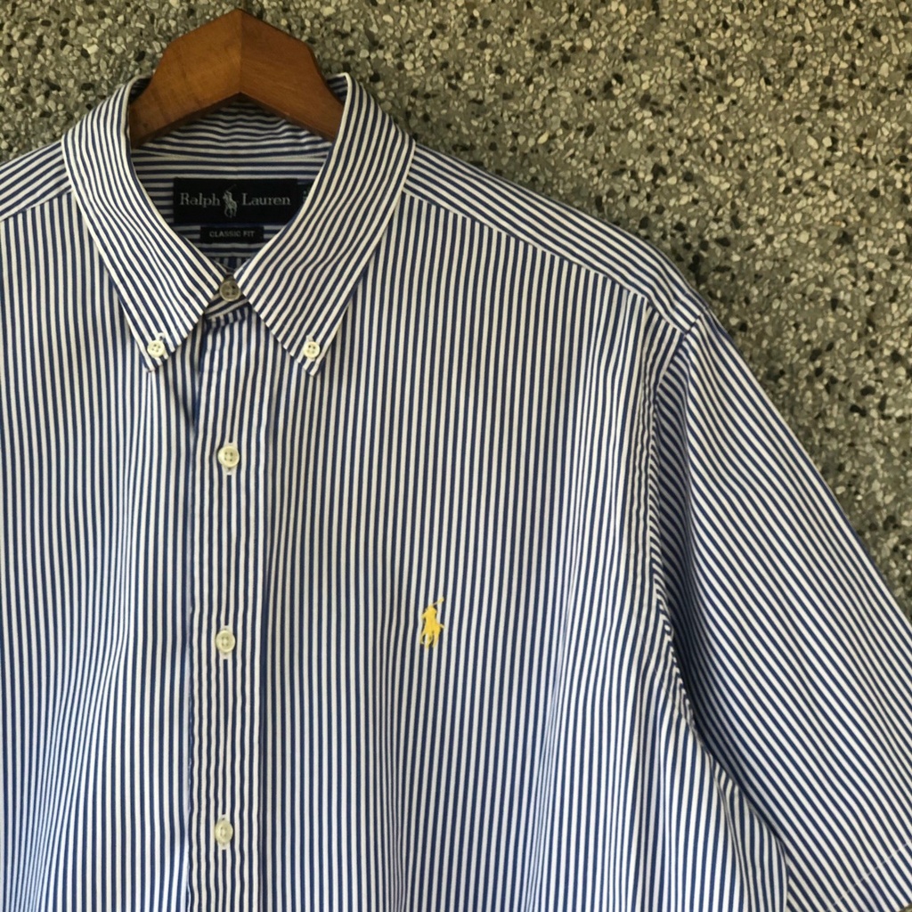 [Oldman Vintage] Polo Ralph Lauren 藍白條紋 黃標 馬球 古著襯衫 XL P89