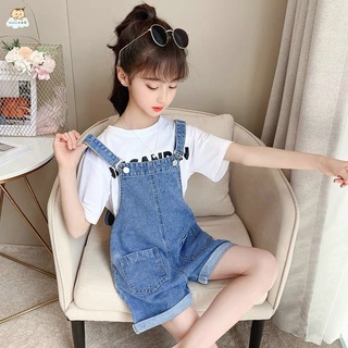 女童套裝 兒童短袖套裝 女童背帶褲2021新款夏裝中大童牛仔短褲韓版洋氣套裝夏季兒童褲子