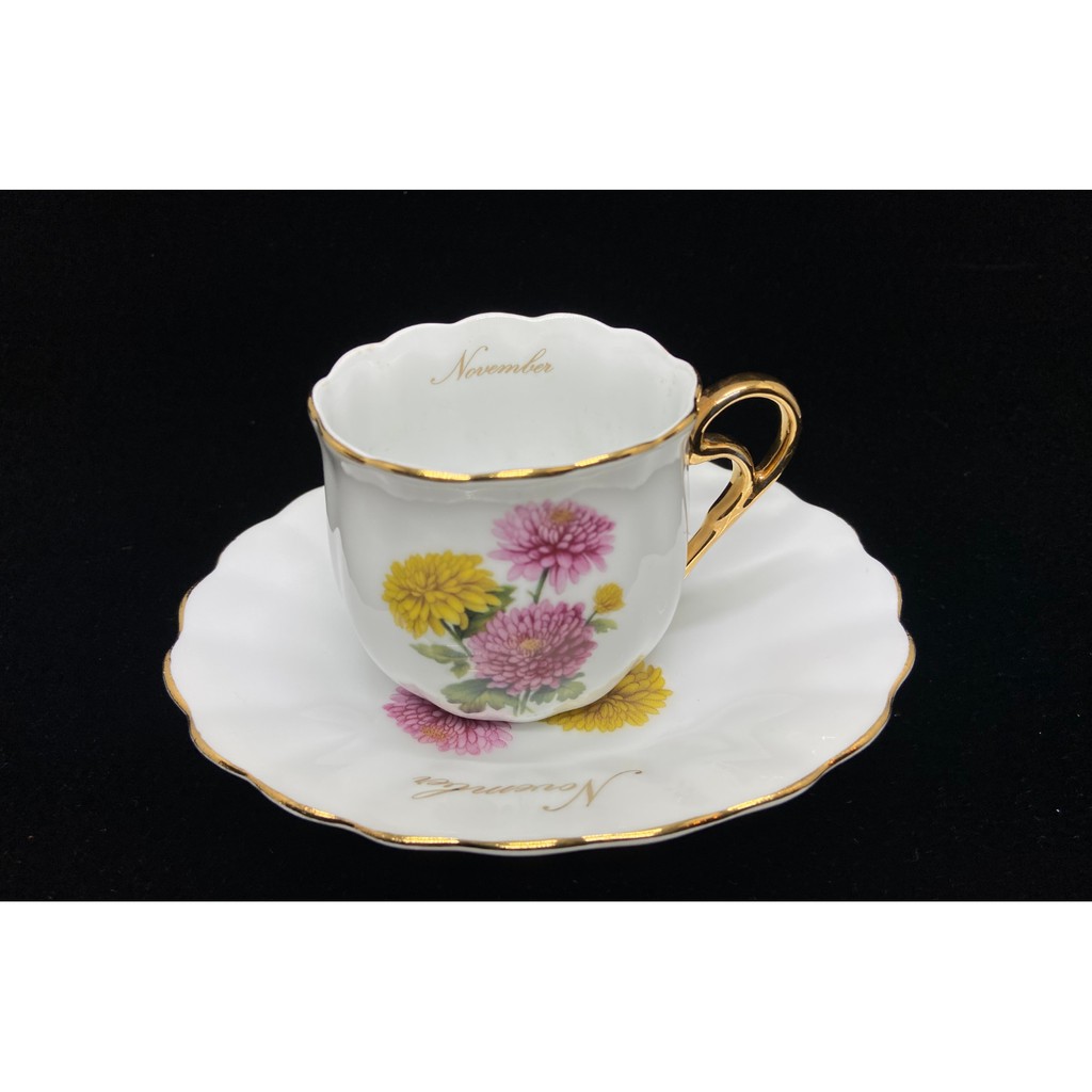 【英國製】Royal Albert月份系列之11月菊花手繪描金咖啡杯/茶杯&amp;盤