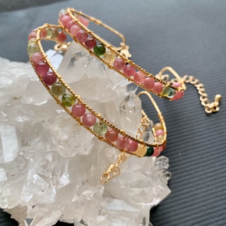 優質天然- 碧璽 高精緻鍍 14k 金線彩虹排列 手工編織手鍊 寬 6.5mm（單圈）手排環 手環 手鐲式 •點點水晶•