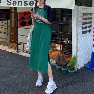 【8130#】韓國長版字母洋裝 連身洋裝 過膝洋裝 開叉休閒洋裝 寬鬆顯瘦洋裝 M~2XL