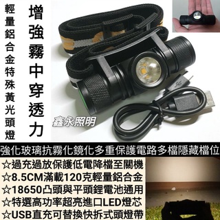 臺灣公司貨【鑫永照明】特殊黃光 LED頭燈 防水 USB 18650充電式 戶外 維修 登山 露營 釣魚 頭戴燈 手電筒