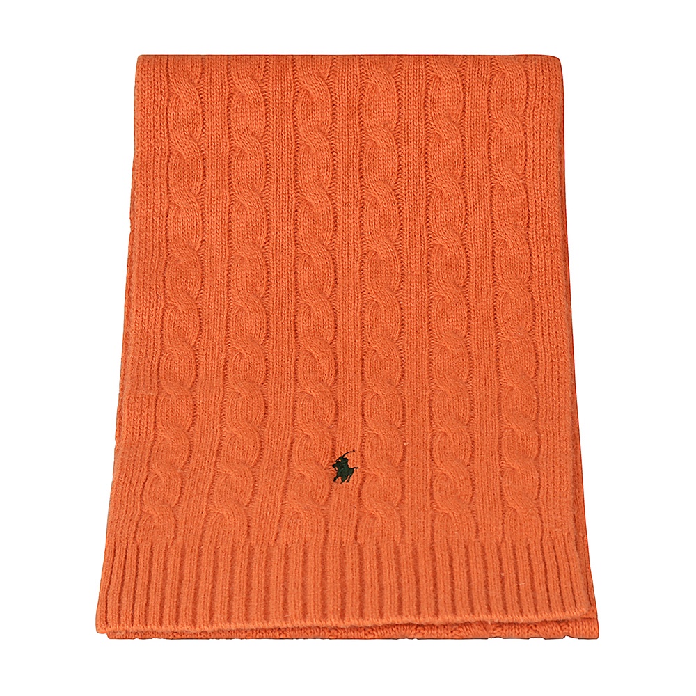POLO RALPH LAUREN刺繡戰馬LOGO麻花設計羊毛圍巾(橘x綠馬)