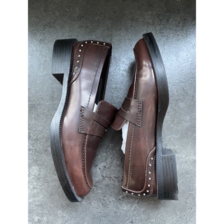 [二手正品]zara size36真皮咖啡鑲卯釘低跟樂福鞋/皮鞋