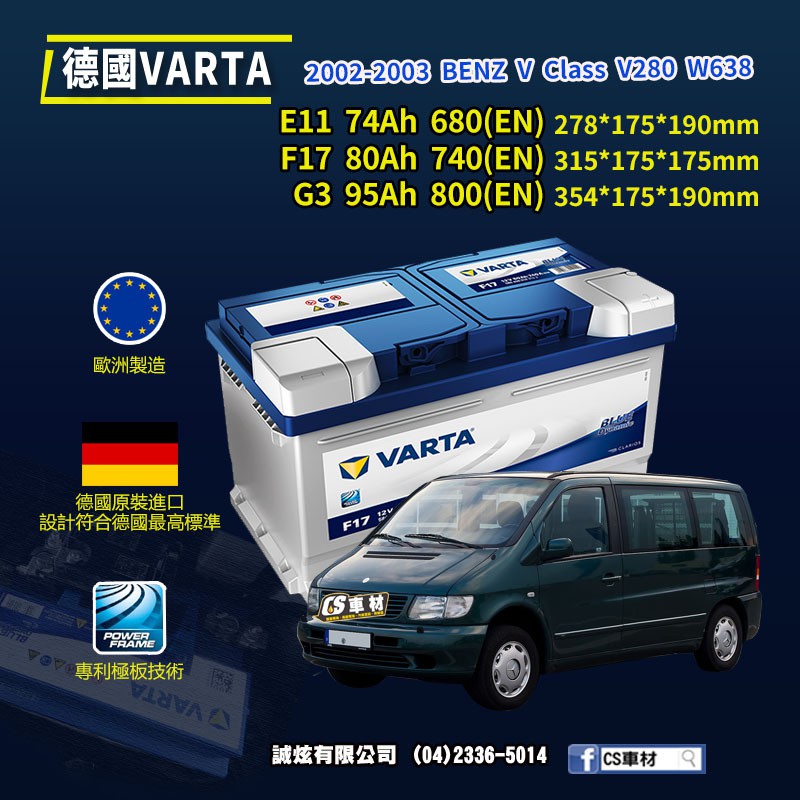 CS車材-VARTA 華達電池 BENZ V CLASS V280 W638 02-03年 E11 ... 代客安裝
