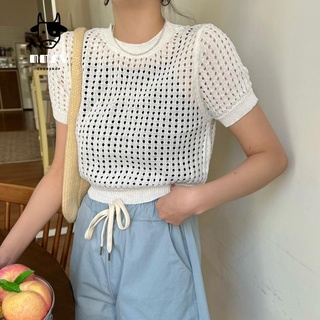 牛奶少女【美到窒息】韓國chic鏤空氣質短版針織衫女夏季新款顯瘦短袖T恤設計感小上衣