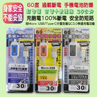 手機守護神 電池防爆 專利 USB 充電線 數據線 30公分 電壓電流溫度顯示 電池過熱斷電 蘋果安卓Type-C自選