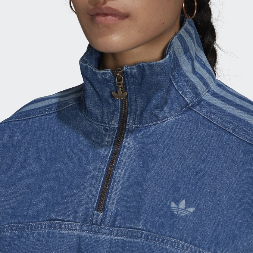 ⓉⒽⓇⒺⒺⒼ🔥ADIDAS ADICOLOR 牛仔 短版長袖 三線 立領 棉質 側袋 藍色 女款 H11515