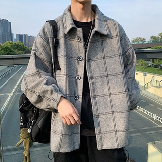 韓版春秋新款羊毛格子男外套ins潮流風衣寬鬆復古大衣