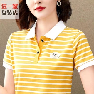 polo衫 翻領短袖 上衣 高品質 polo衫女短袖翻領短袖 t恤夏裝 條紋運動休閑上衣服熱賣款