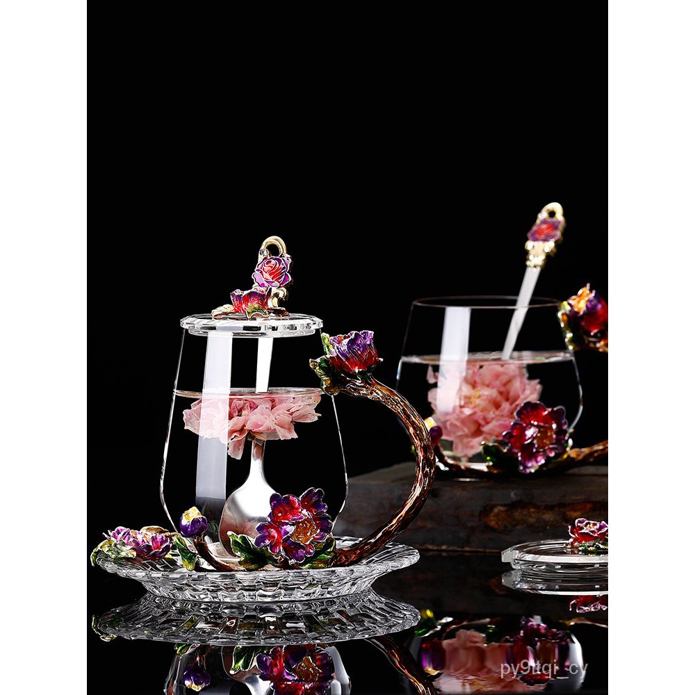 優質創新🔥創意琺瑯彩水杯花茶杯果汁杯耐熱水晶玻璃杯家用水壺水具套裝禮品