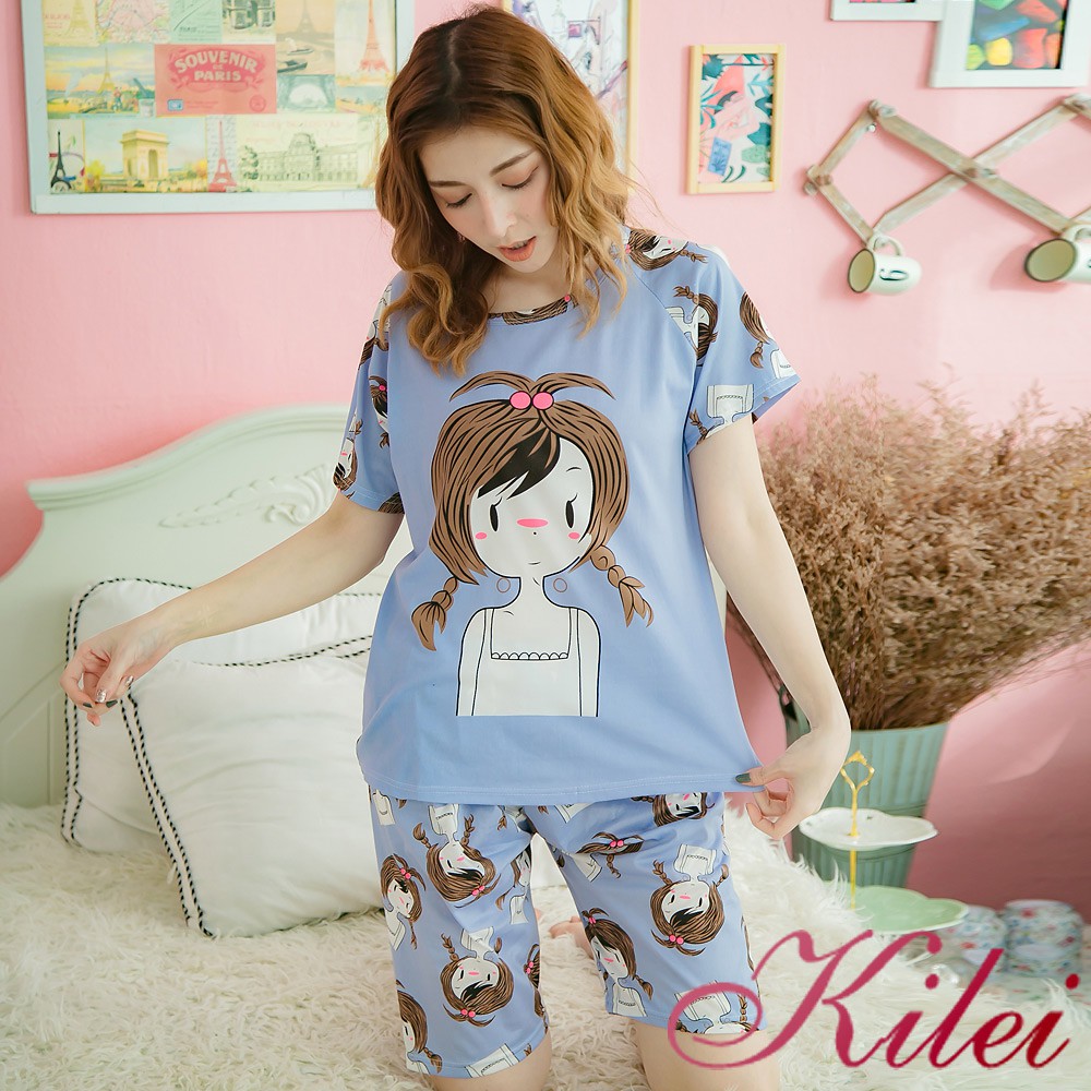 【Kilei】Q版女孩圖案牛奶絲短袖二件式睡衣組XA3695-01(輕盈藍)全尺碼