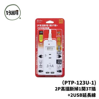 2P 高溫斷電 1開3插+2 USB 延長線 15A 1米 PTP-123U-1