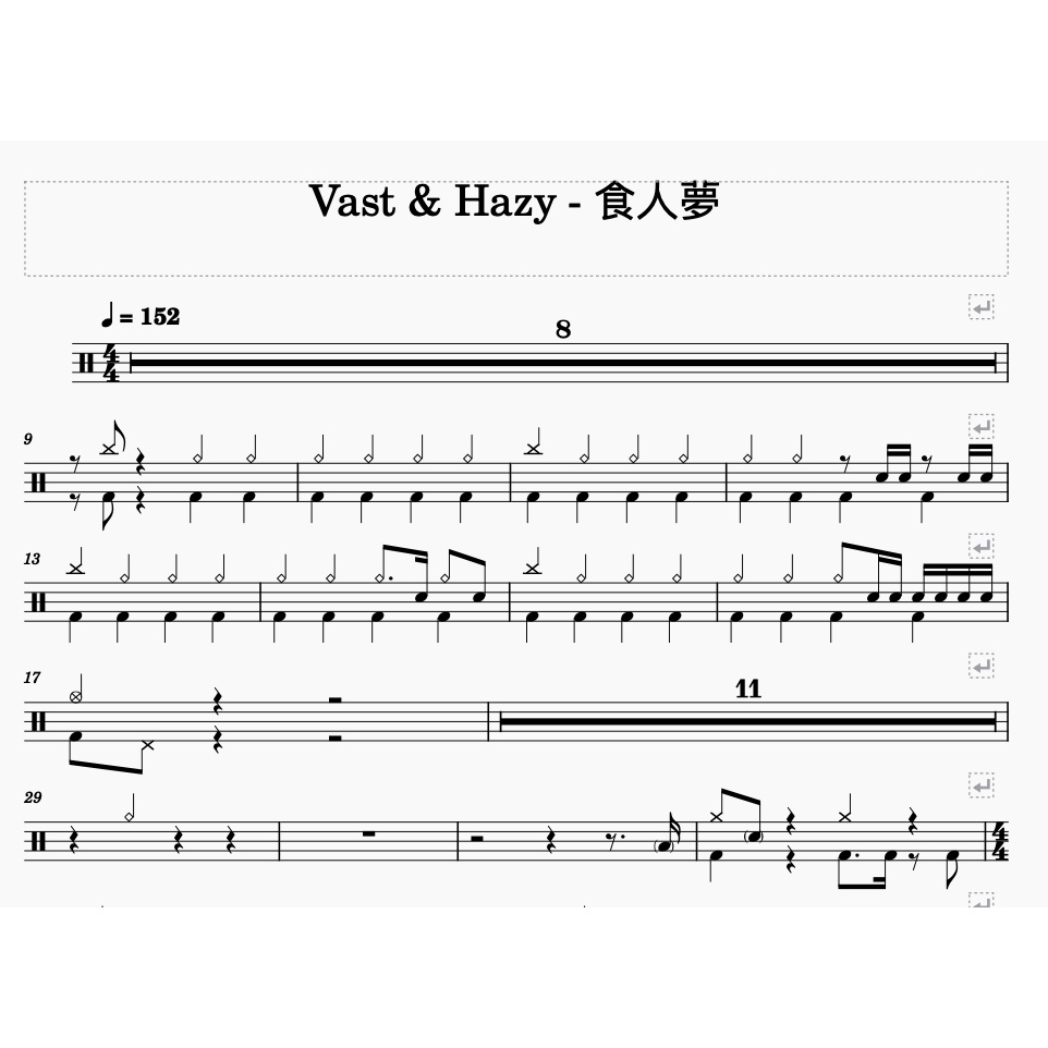 Vast &amp; Hazy - 食人夢 鼓譜