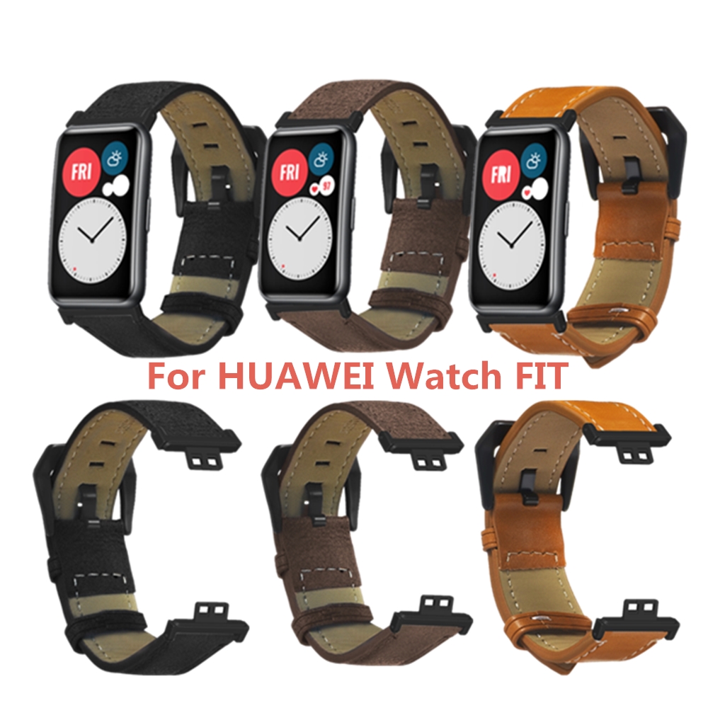 適用華為HUAWEI Watch FIT真皮錶帶  fit TIA-B09復古紋理手工牛皮錶帶 B19不鏽鋼電鍍扣表帶