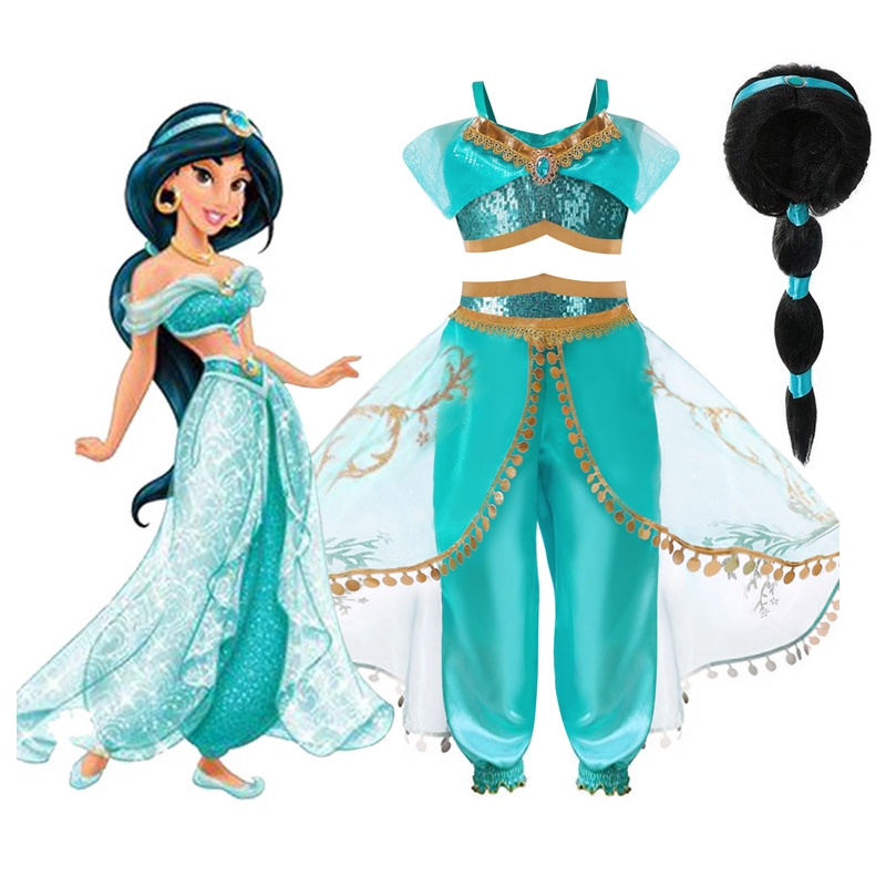 歐美兒童cosplay服裝萬聖節阿拉神丁茉莉公主亮片上衣+裙褲2件套 阿拉伯茉莉公主角色扮演假髮 童話公主風