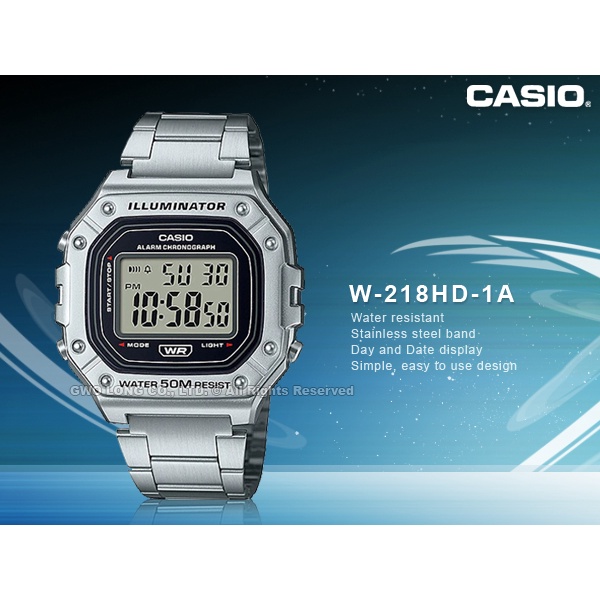 CASIO 卡西歐 手錶專賣店 國隆 W-218HD-1A 電子錶 不鏽鋼錶帶 防水50米 LED照明 W-218HD